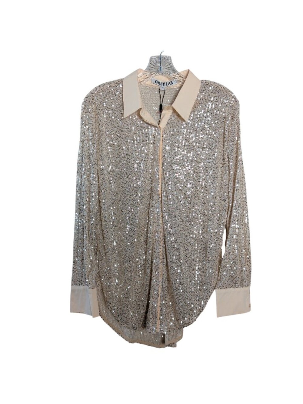 NWT Grey Lab Oversized Sequin Shirt Women M Ivory Button Down Party Glam